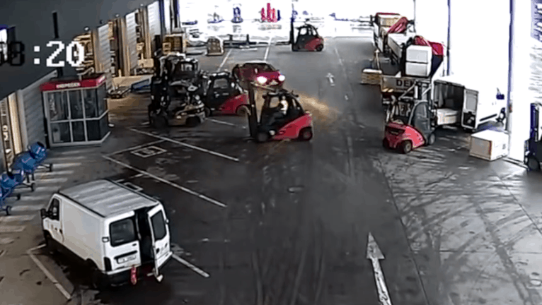 warehouse workers forklifts block thieves 