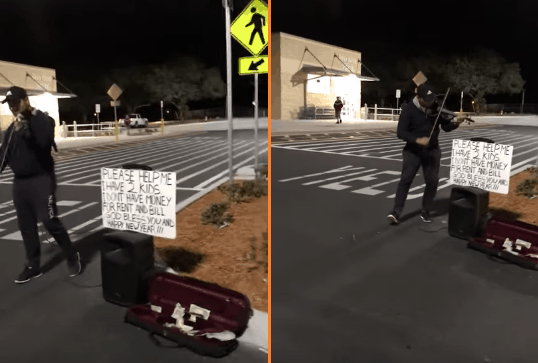 father plays violin outside Walmart